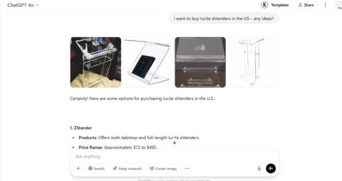 ChatGPT answering a question about buying lucite shtenders in the US and listing ZStander first