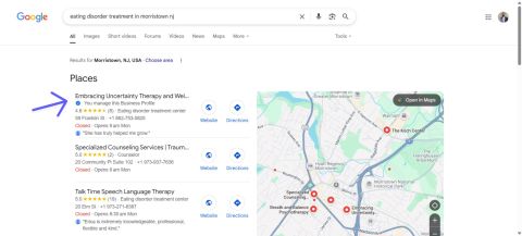 Google results for eating disorder treatment in Morristown NJ showing the client at the top of the map pack